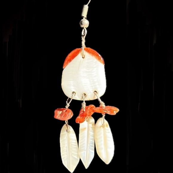 Coral Feathers White Carved Shell Iridescent Beach Southwestern Carnelian Dangle - Picture 4 of 5